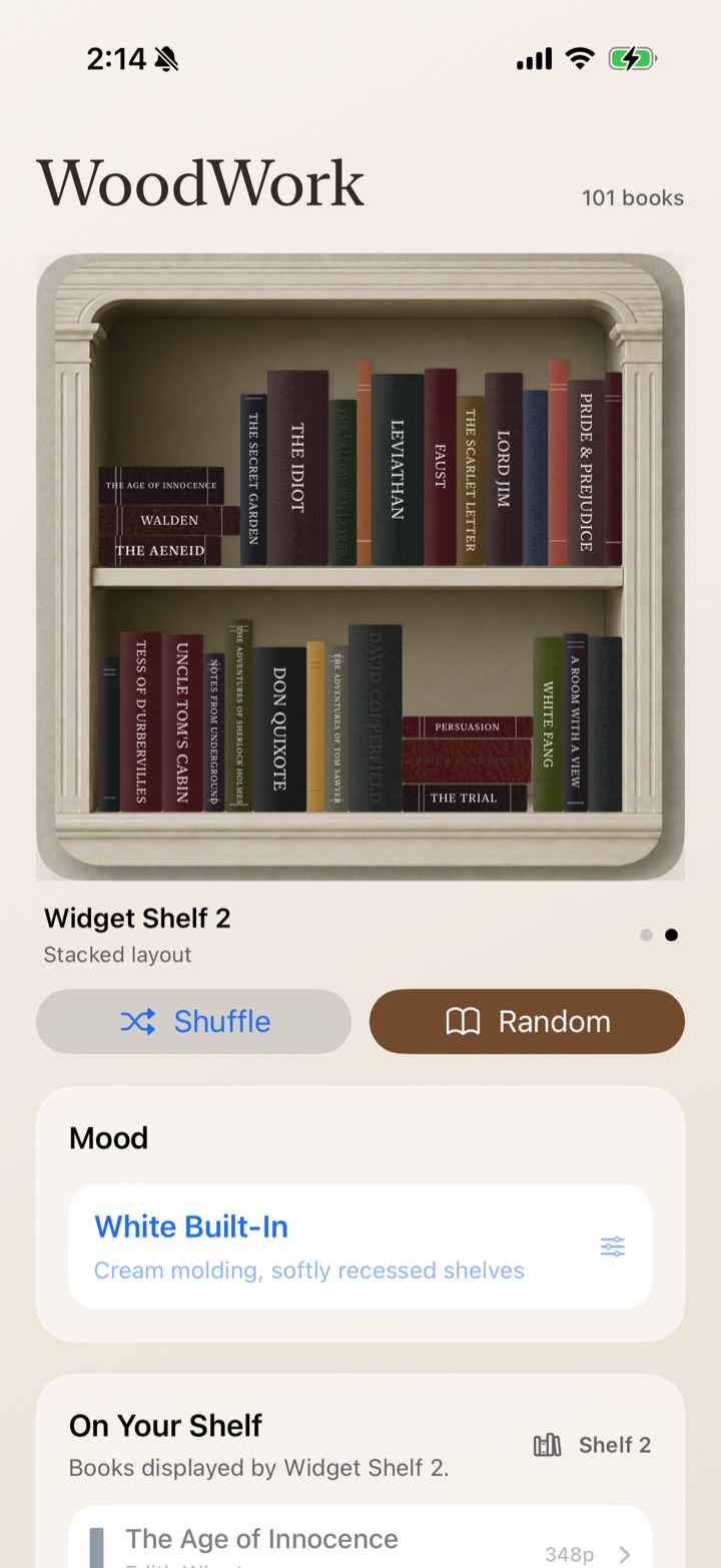 WoodWork app showing a white built-in bookshelf