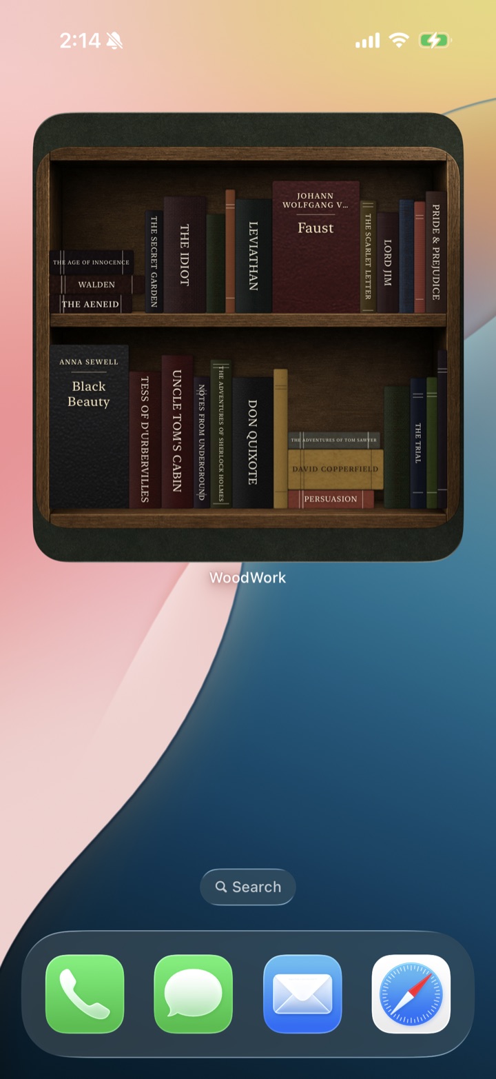 WoodWork Dark Oak shelf widget on an iPhone Home Screen
